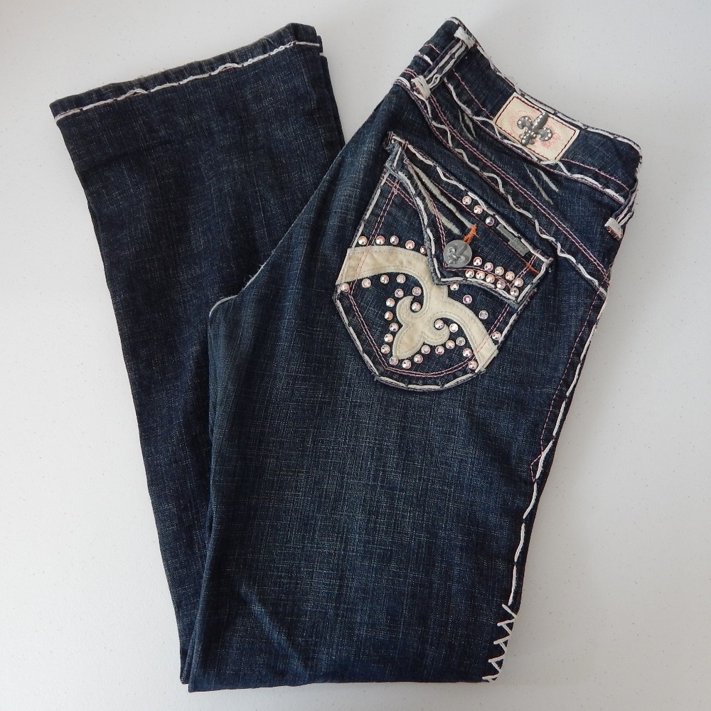 Laguna Beach Crystal Fleur-de-Lis Boot Cut Jean 34x30 Size 29 Boho Rocker Y2K